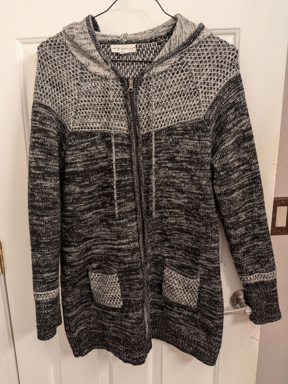 if it were me Two-Tone Knit Zip Hoodie Cardigan - Black & White